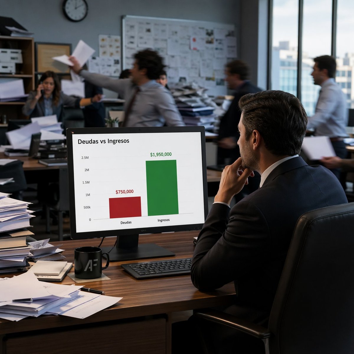 Businessman viewing bar chart comparing expenses and revenue on computer monitor in busy office with colleagues in background
