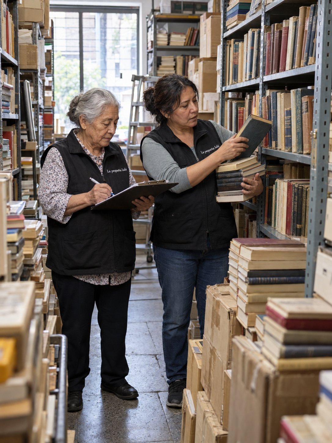 Two library workers in black vests organize books on shelves in a library aisle