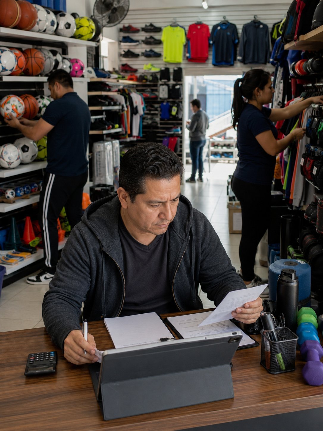 Man working at counter in sports retail store, reviewing documents with tablet, shelves of equipment and clothing visible behind him
