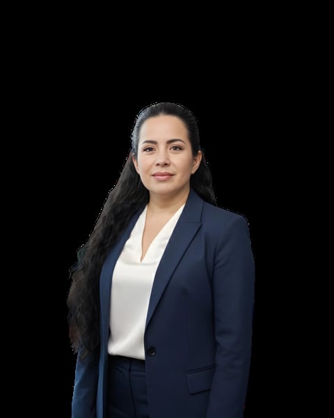 Professional headshot of a woman with long dark hair wearing a dark blue blazer and white blouse against a black background