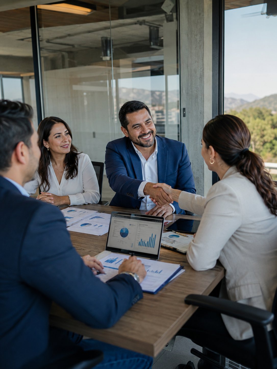 Four business professionals in a modern office meeting, discussing documents and charts with city views visible through windows behind them.