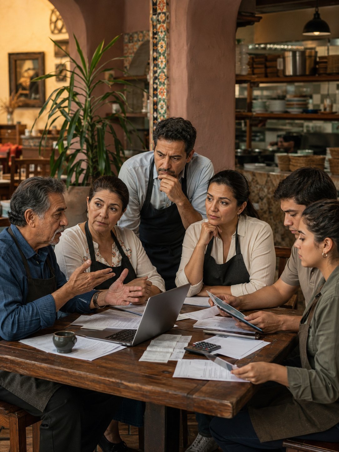 Seis personas reunidas alrededor de una mesa de madera con documentos y una laptop en una sala cálidamente iluminada con estanterías y plantas