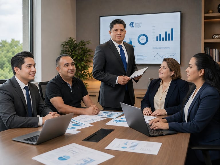 Business team in meeting room with presentation display showing charts and analytics on screen