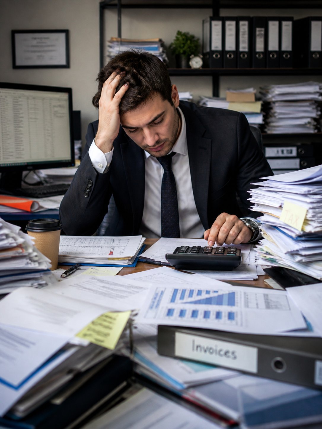 Stressed businessman at cluttered desk reviewing documents and using calculator, surrounded by stacks of papers and office supplies