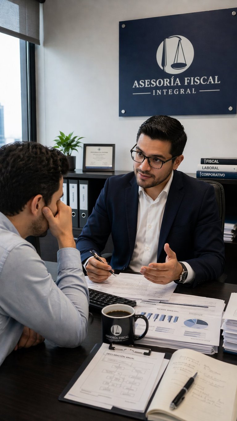 Professional fiscal advisor in dark blazer meeting with client at desk in office with scales of justice logo on wall