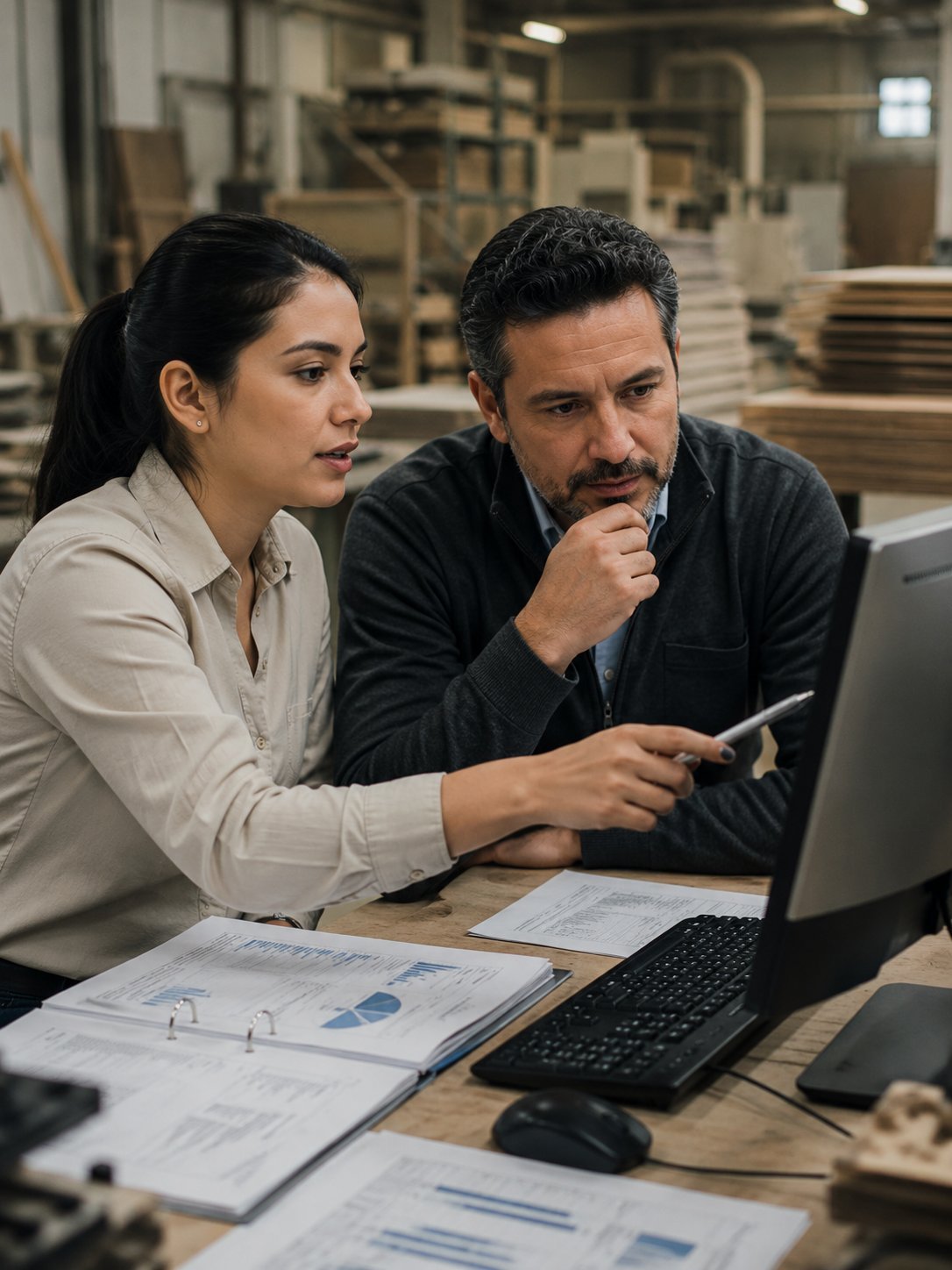 Two professionals reviewing data on laptop with charts and documents in industrial warehouse setting