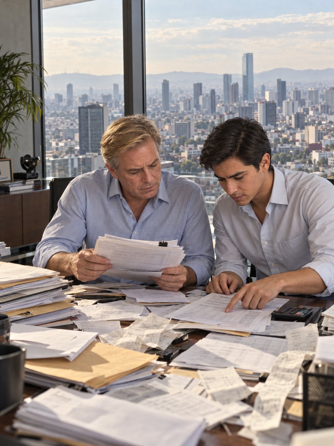 Two businessmen in a high-rise office reviewing documents together with a city skyline visible through the window behind them