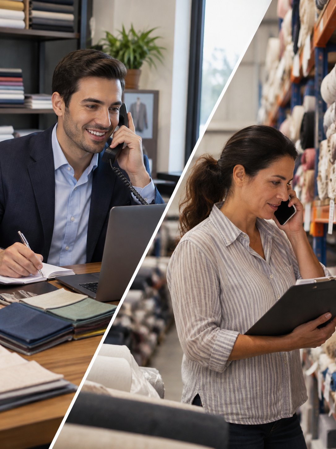 Two professionals on phone calls: man at office desk with laptop and woman holding tablet in warehouse or storage area