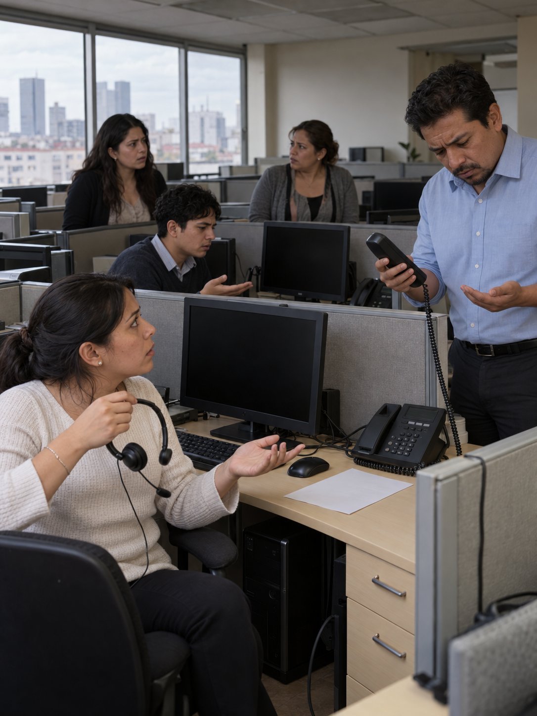 Professional team in modern office with city skyline views, gathered around computer workstations during a discussion or meeting