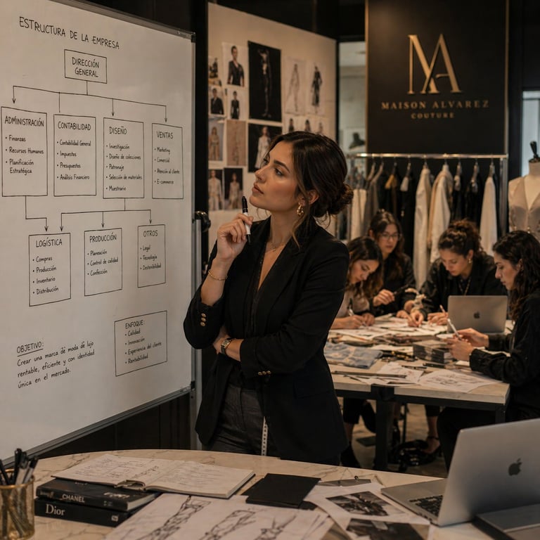 Woman in black blazer studying organizational chart at fashion design studio workspace