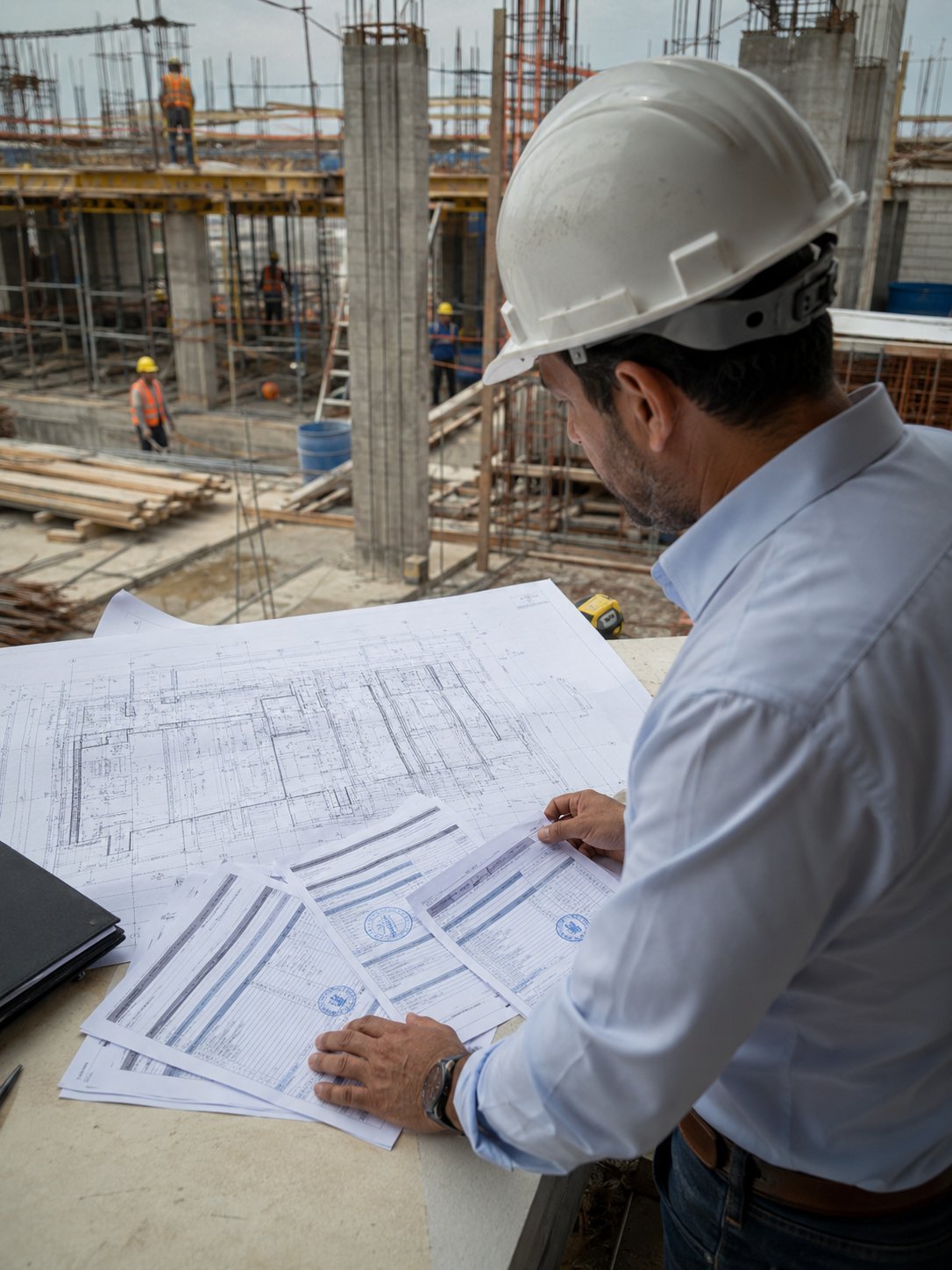 Construction supervisor in white hard hat reviewing blueprints on site with building framework in background