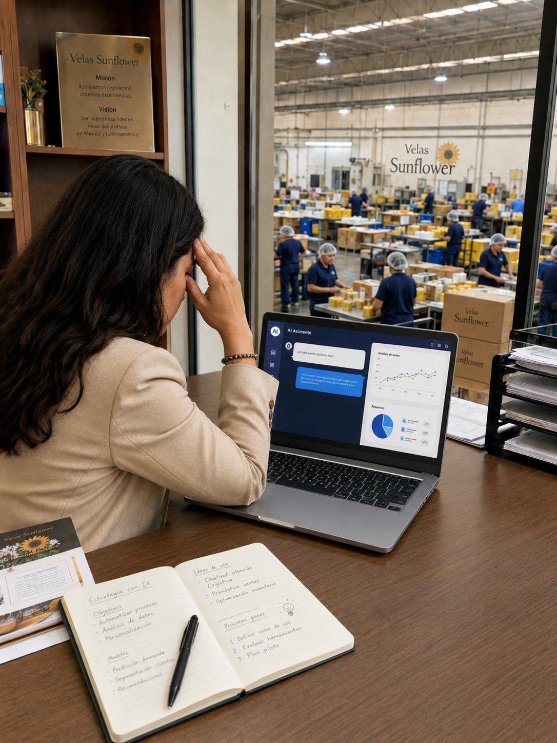 Woman at desk with laptop and notebook, looking through window at warehouse with Velas Sunflower signage and workers in blue uniforms