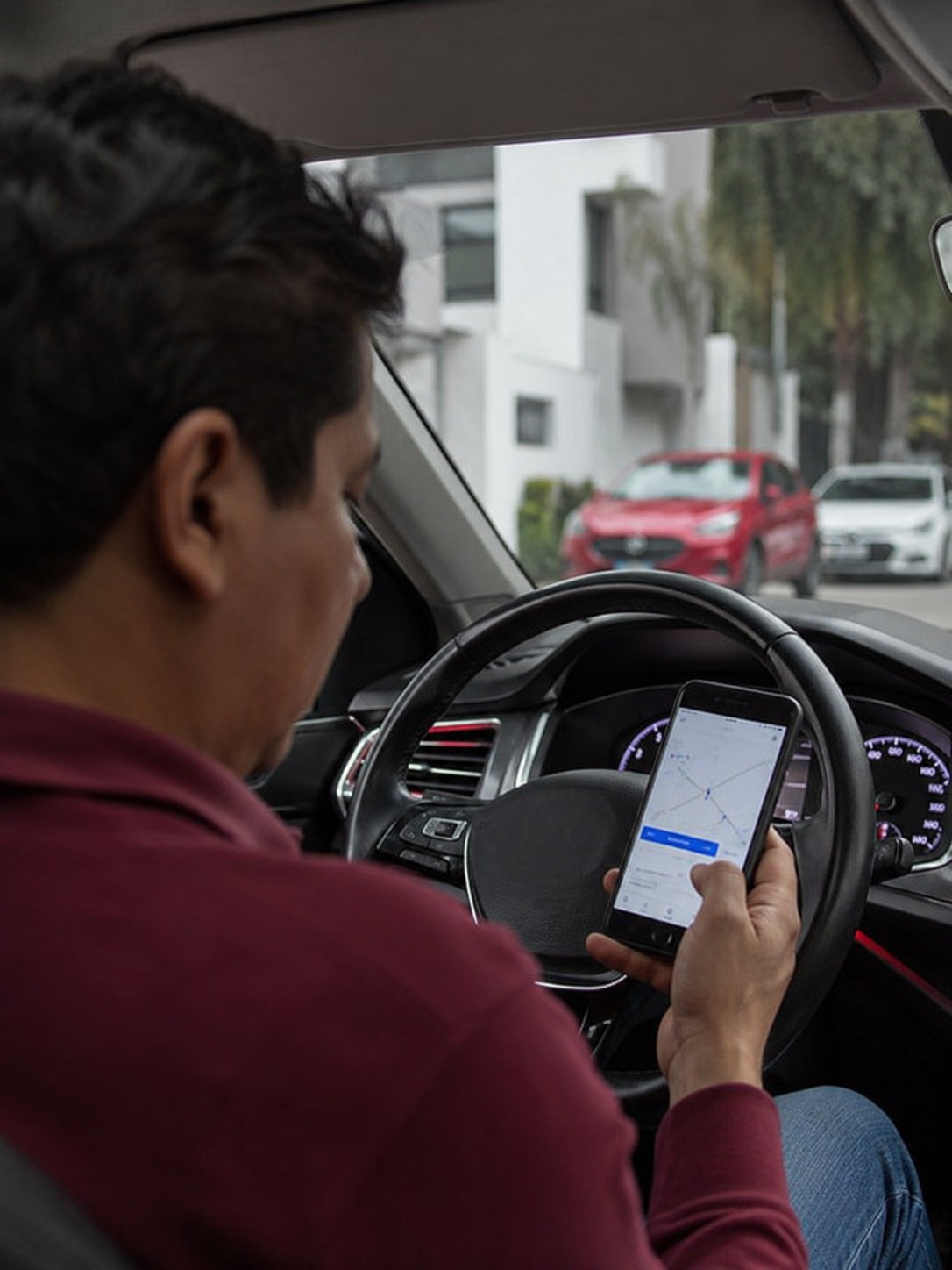 Man in burgundy shirt using GPS navigation app on phone while sitting in driver's seat of car