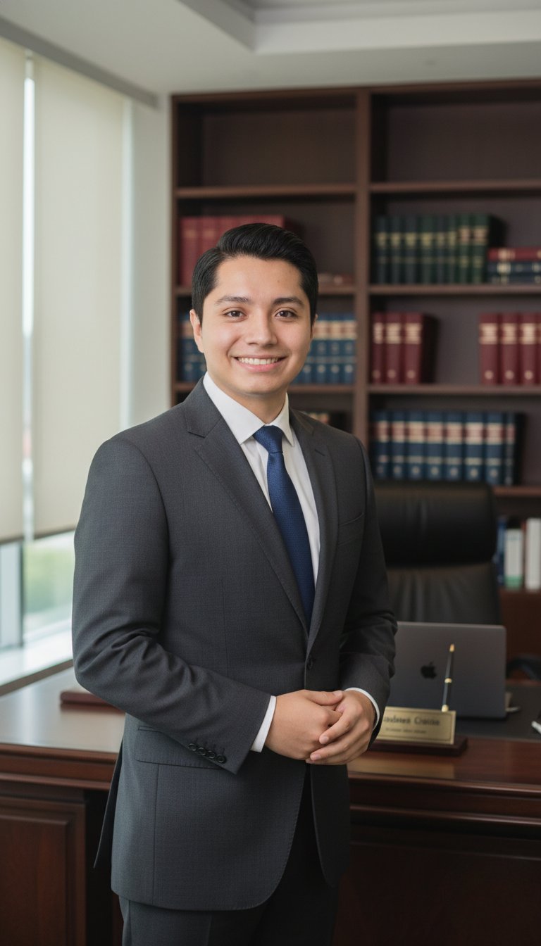 Professional man in dark suit and blue tie smiling in office with law books on shelves behind him