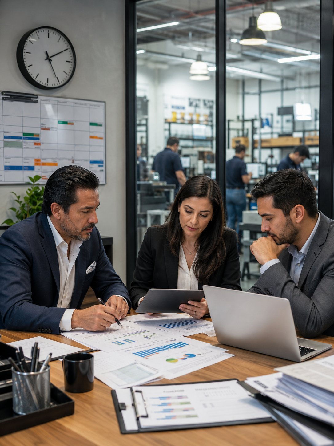 Three business professionals reviewing data on a tablet and laptop at a wooden table in a modern office