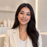 Young woman with long dark hair wearing a cream blazer over a white top, smiling at camera in a bright, minimalist interior setting