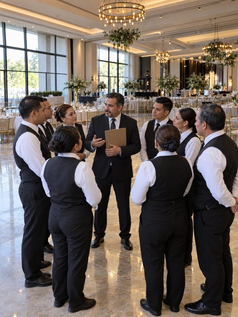 Event manager briefs catering staff in elegant ballroom with chandeliers and floral arrangements
