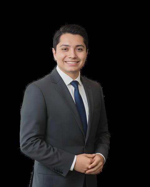 Professional headshot of a smiling man in a dark gray blazer and blue tie