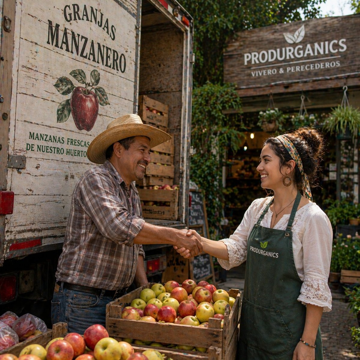 Farmer and shopkeeper shaking hands at a farm stand with fresh apples and signage for Granjas Manzanero and Produrganics