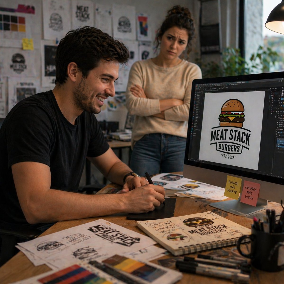Man and woman in design studio reviewing Meat Stack Burgers logo on computer monitor with sketches and materials on desk