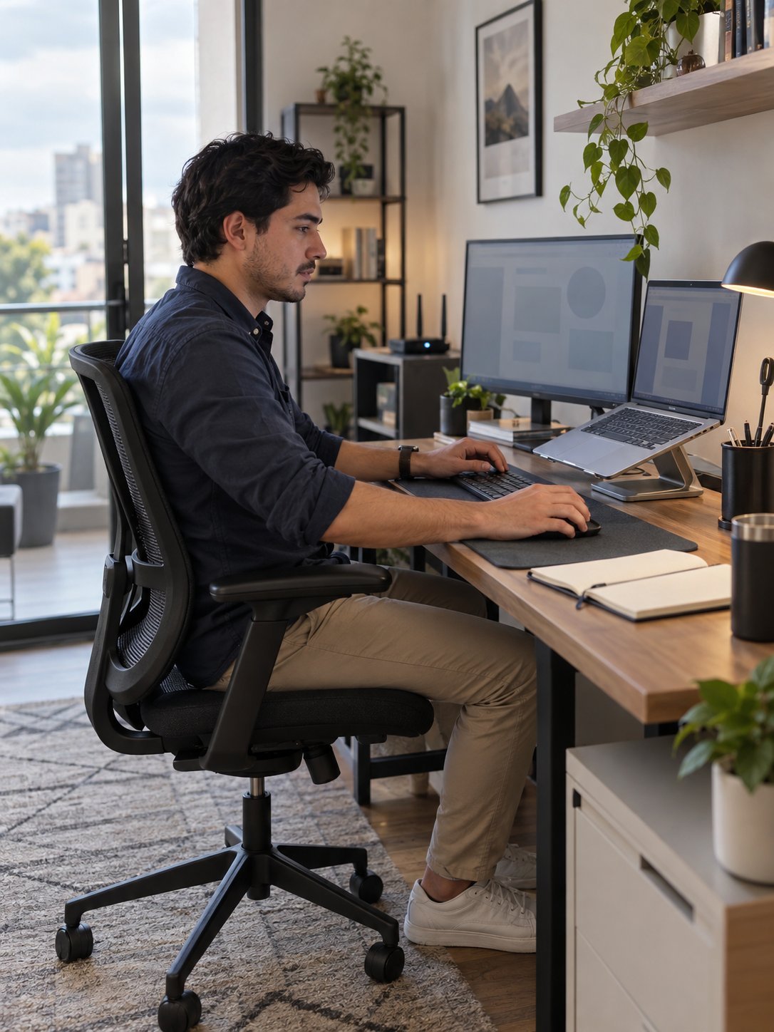 Man working at desk with dual monitors in a modern home office with plants and city views