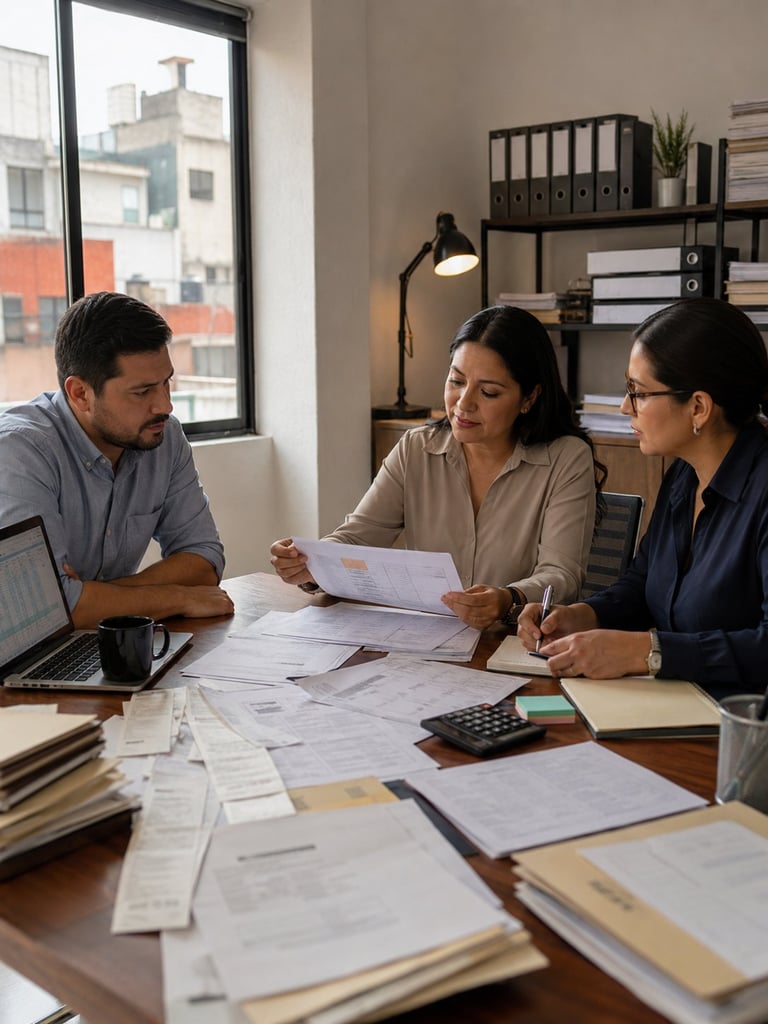 Three professionals reviewing architectural blueprints together at a desk in a modern office with city views