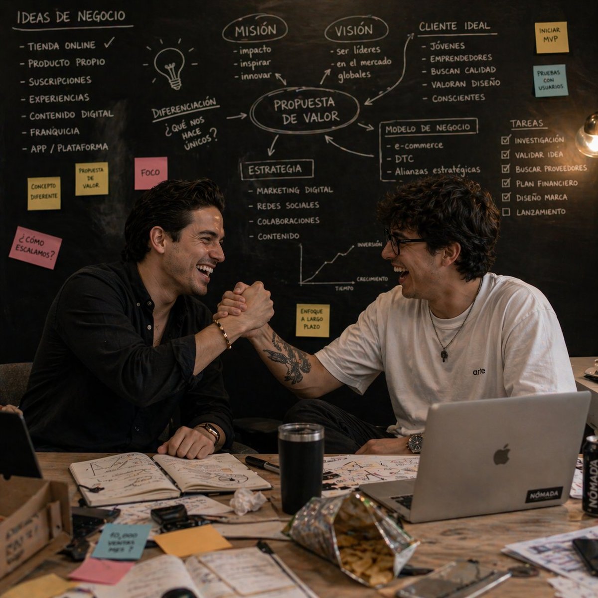 Two men doing a handshake at a desk covered with business planning documents and sticky notes in front of a wall covered with a business strategy mind map