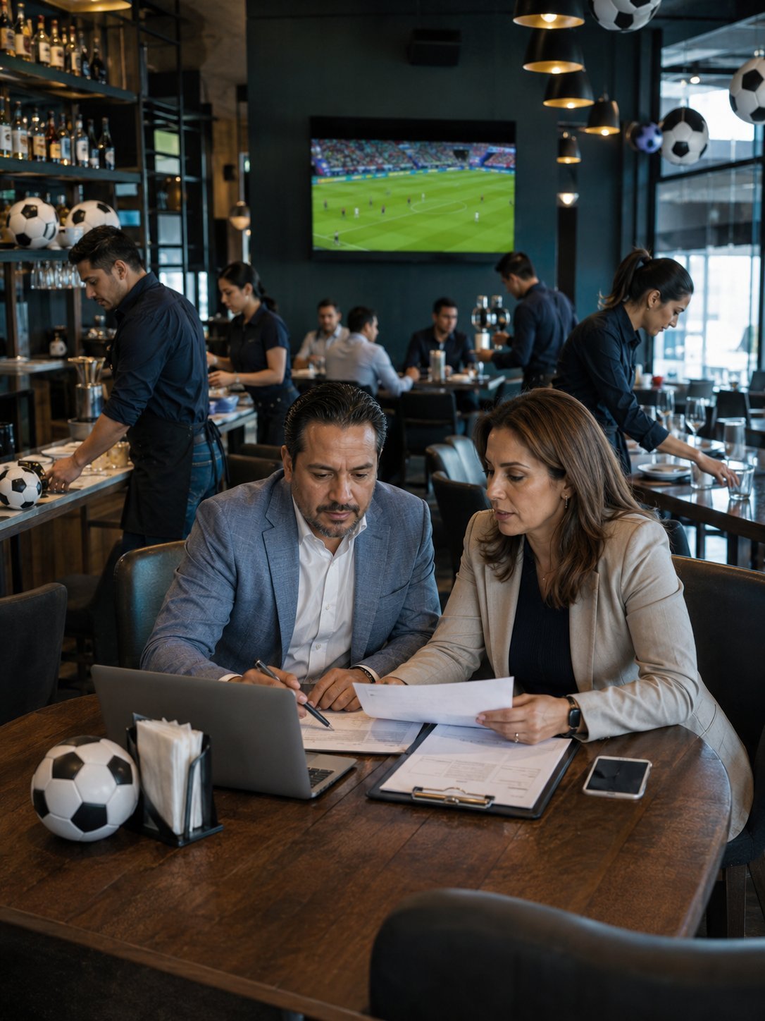 Two professionals review documents at a table in a sports bar with soccer match on TV and patrons in background