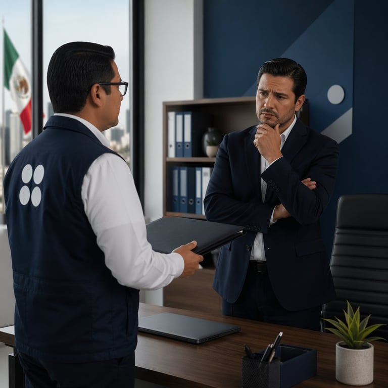 Two professional men in business attire having a discussion at a desk in a modern office with Mexican flag and blue wall backdrop