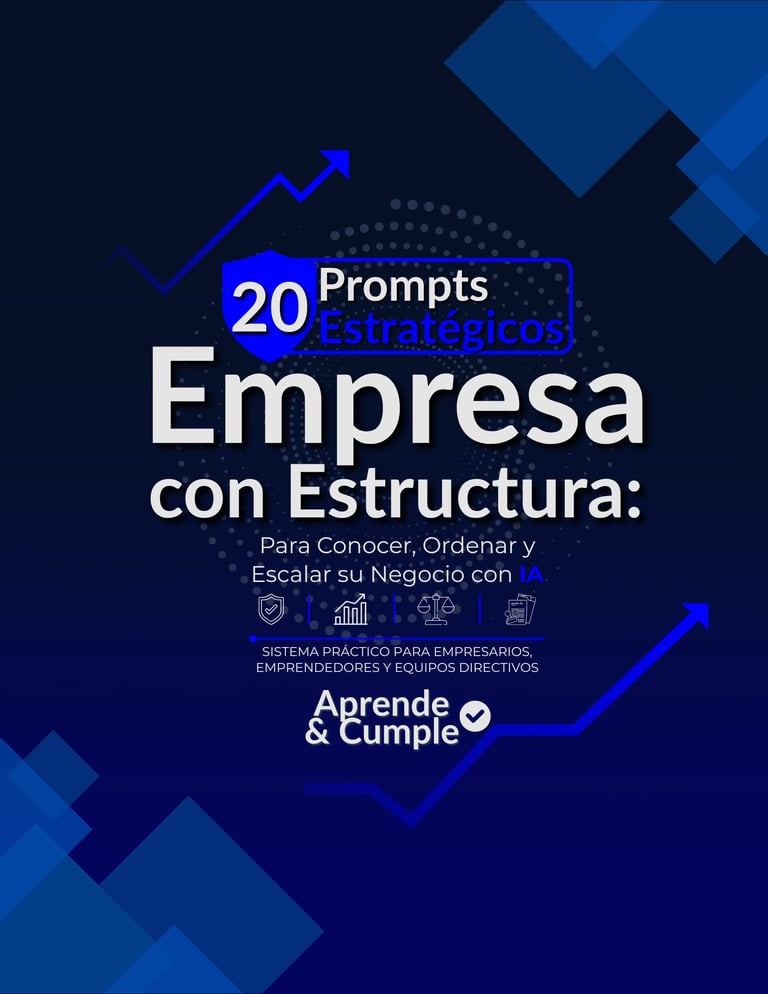 Gráfico promocional de 20 prompts estratégicos para estructurar un negocio, con texto en español, flecha de tendencia ascendente y branding de Aprende & Cumple sobre fondo azul oscuro