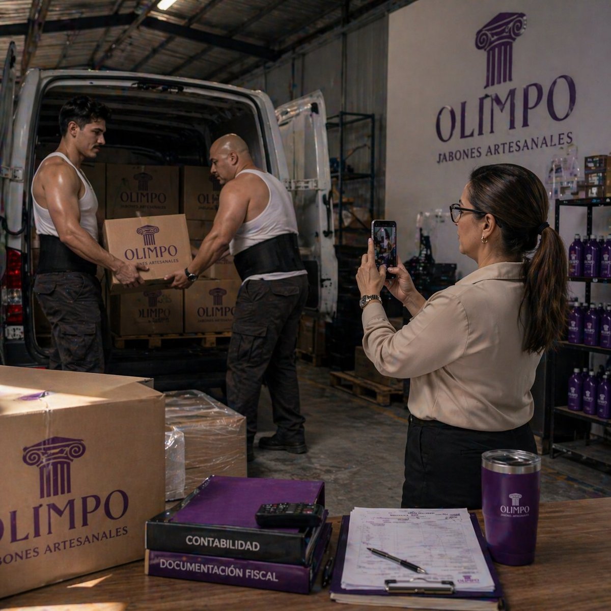 Woman photographing two men loading Olimpo branded boxes into a delivery van inside a warehouse facility