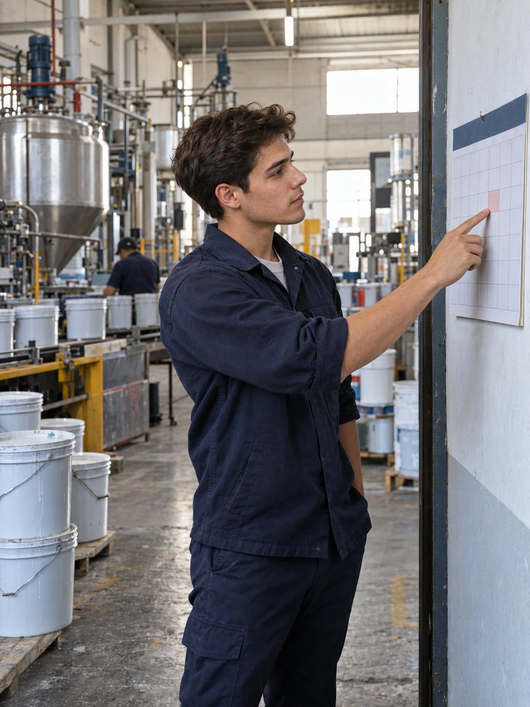 Factory worker in dark blue uniform pointing at chart on wall in industrial facility with large metal tanks and equipment