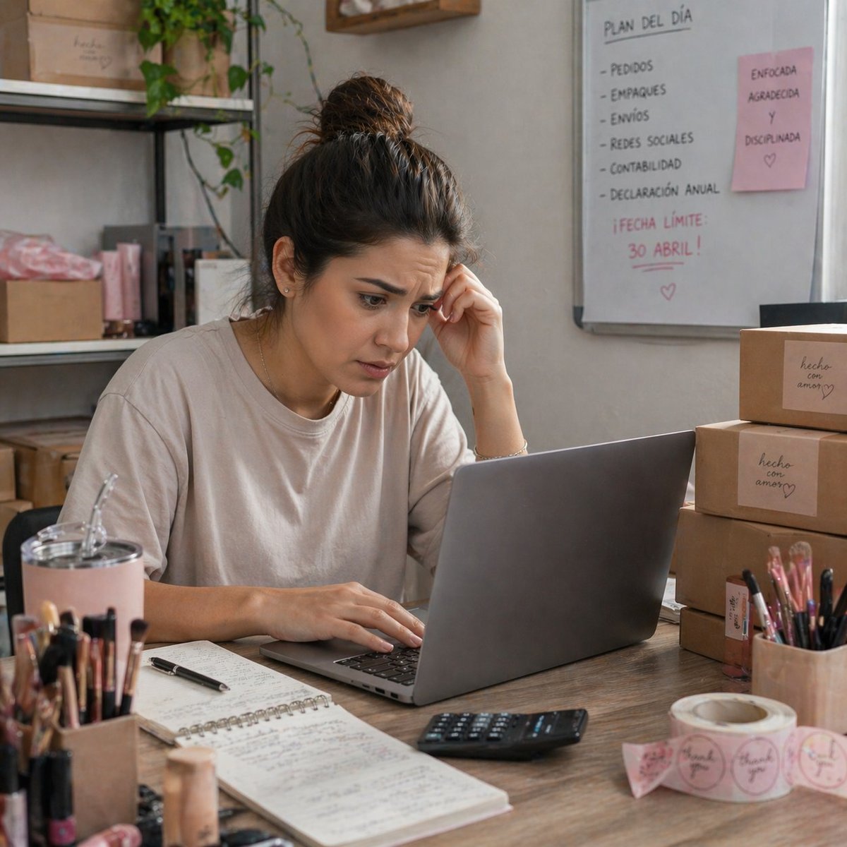 Woman working at desk with laptop, surrounded by office supplies and pink shipping boxes in a small business workspace