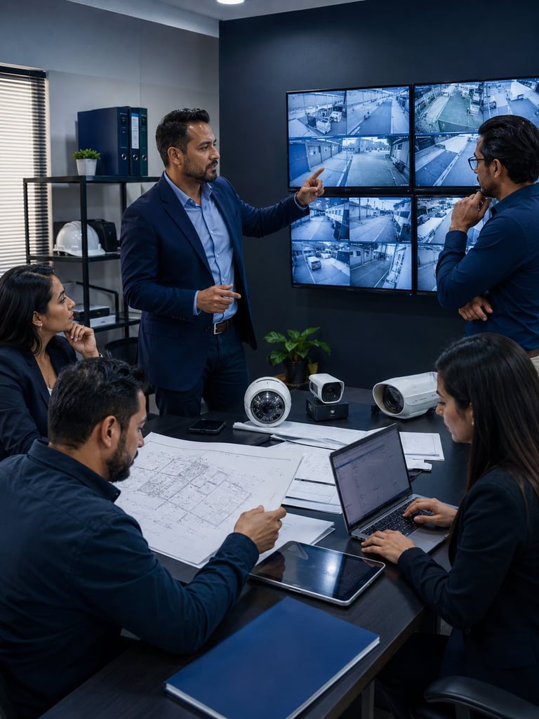 Equipo de profesionales de seguridad en sala de control revisando monitores de vigilancia y discutiendo planos de sistemas de seguridad