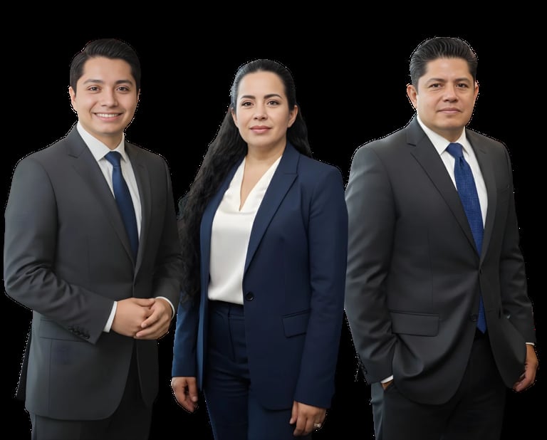 Tres profesionales de negocios con attire formal posando contra un fondo negro para un retrato corporativo
