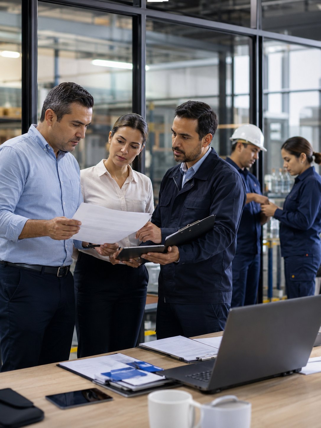 Three professionals reviewing documents together in an industrial workplace with colleagues in the background